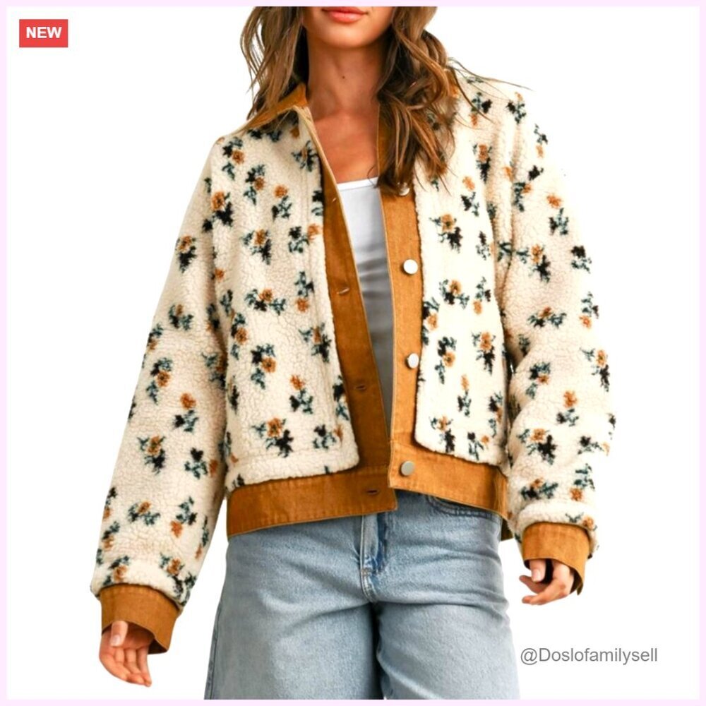 Oversized Sherpa Fleece Jacket Denim Collar Button Front Pockets